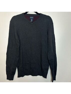 British Khaki Fine Knit Cotton V-Neck Lightweight Sweater in Charcoal Grey